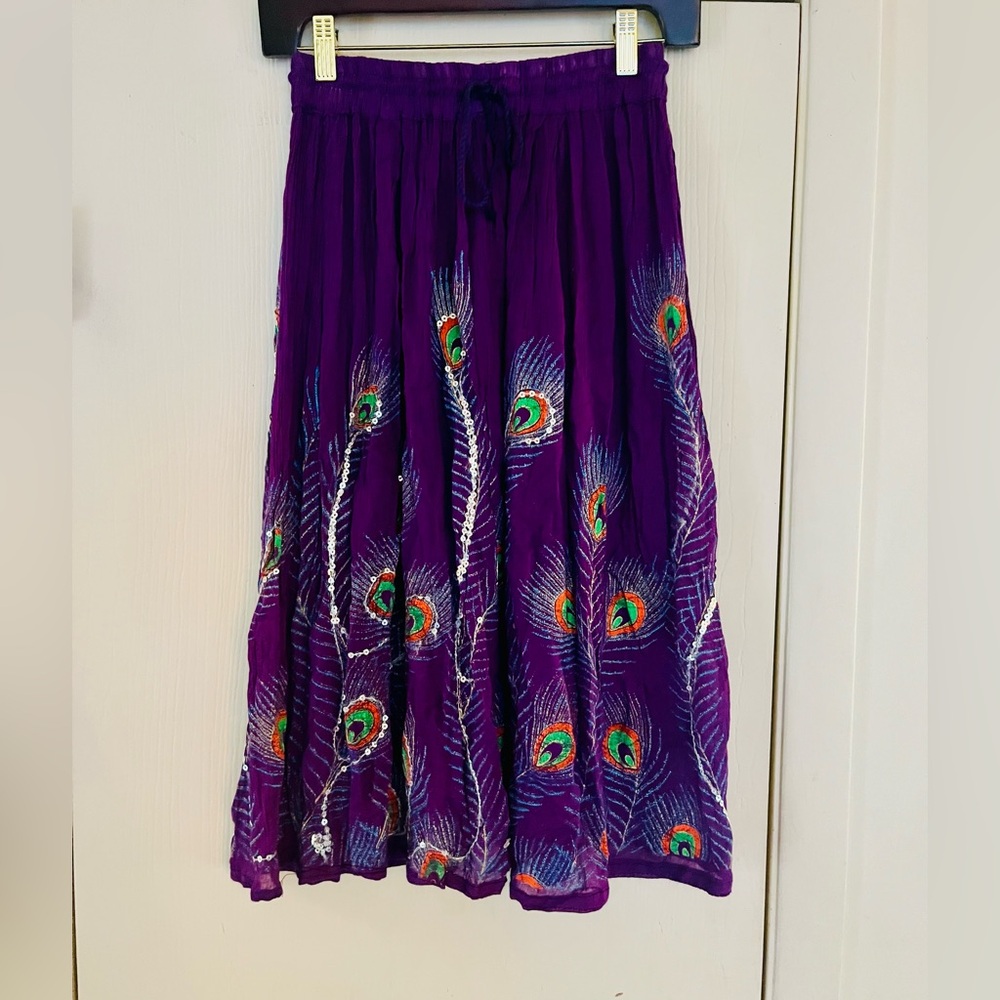 VTG Whimsygoth Fairycore Celestial Dreamy Gauze 70s Peacock Festival Skirt S